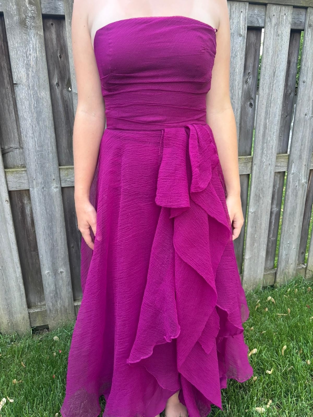 Theia Strapless Ruffled Midi Dress in Magenta